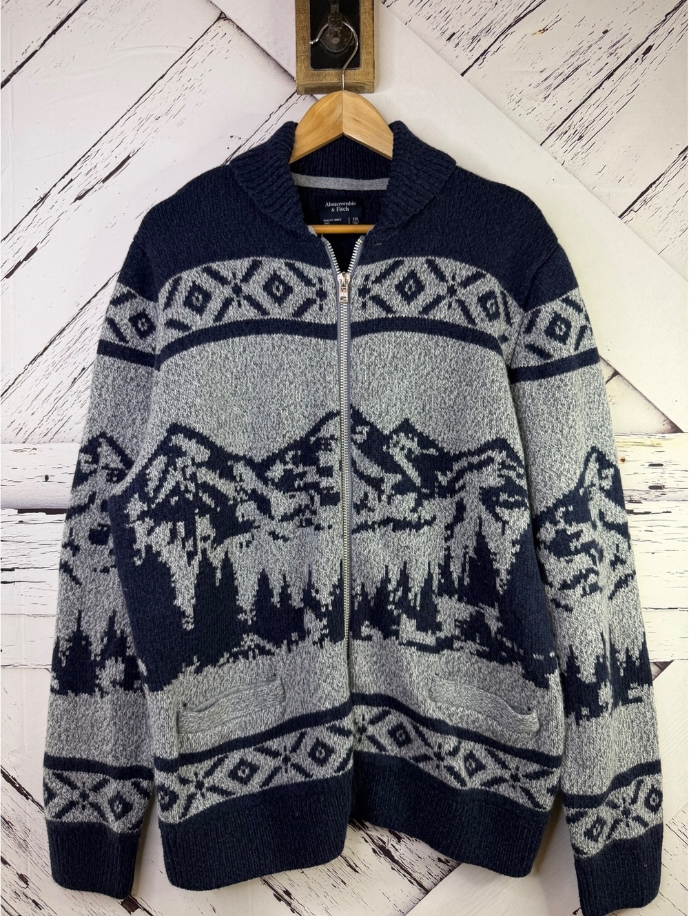 Abercrombie & Fitch Mens Large Full Zip Mountain Knit Cardigan Sweater Cabincore